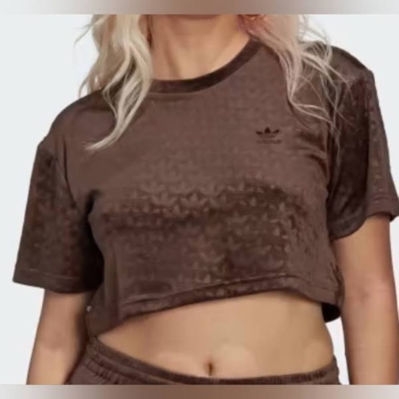 Adidas Cropped Velvet Monogrammed Tee Brown NEW without tags - Picture 3 of 4